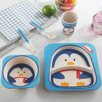 

5pcs/set Child Dish Tableware Set Natural Bamboo Fiber Bowl With Cup Spoon Plate Fork Feeding Dishes for Kids Utensils Baby Plat