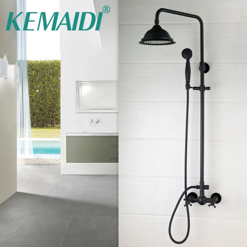 

KEMAIDI Vintage Bathroom Black Shower Set Wall Mounted 8" Rainfall Shower Mixer Tap Faucet 3-functions Mixer Valve Set