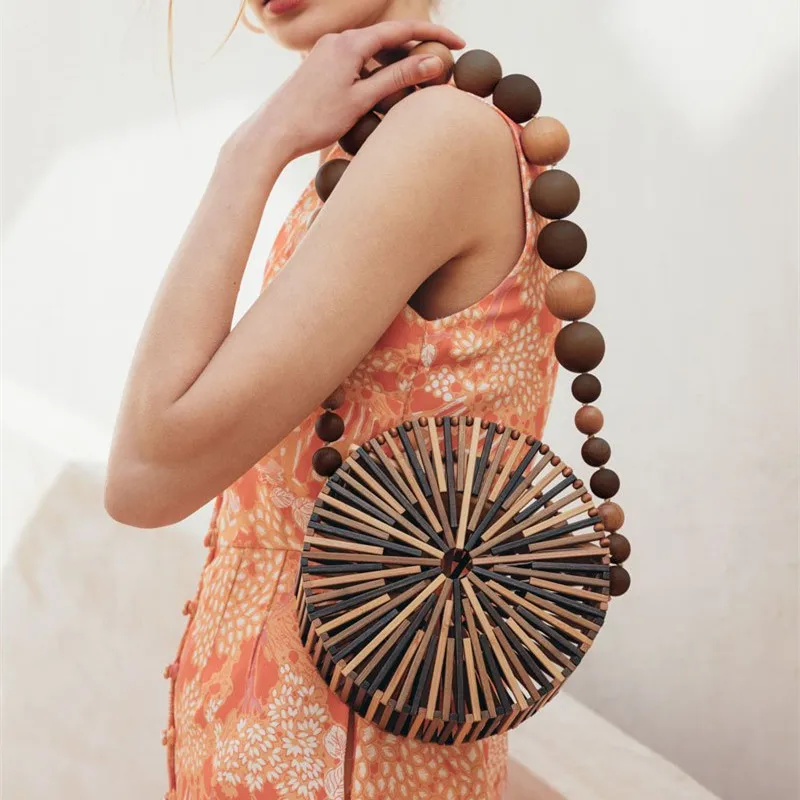 

Unique Design Mixed Color Round Bag Summer Beach Bag Vacation Shoulder Bag Bamboo Basket Straw Mobile Handbag Woven Totes Sac
