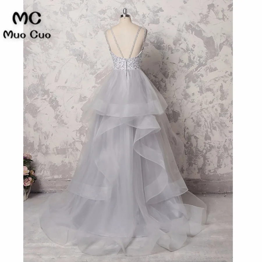 Gray tulle scoop neck long ruffles evening dress, long lace top senior prom dress5
