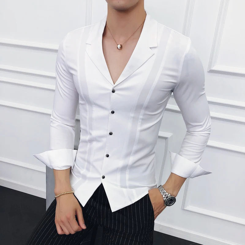 

Solid Suit Collar Shirt Deep V Sexy Pleat Shirt Men Slim Fit Long Sleeve Dress Shirt Korean Men Fashion Clothing White Black