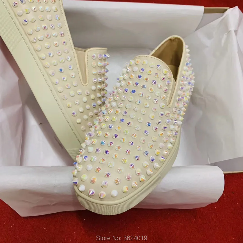 

Low Cut Beige leather cl andgz Mixed Colors Pearl spikes Slip On Red bottoms shoes For Men Sneakers Leather Loafers Footwear