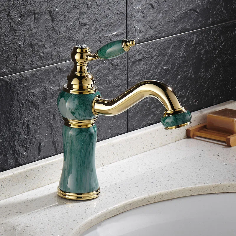 اليورو الذهب تصفيح الفاخرة حوض الحمام الحنفية واحدة مقبض الغرور بالوعة خلاط مياه الحنفية النحاس و اليشم حوض المغسلة الحنفية