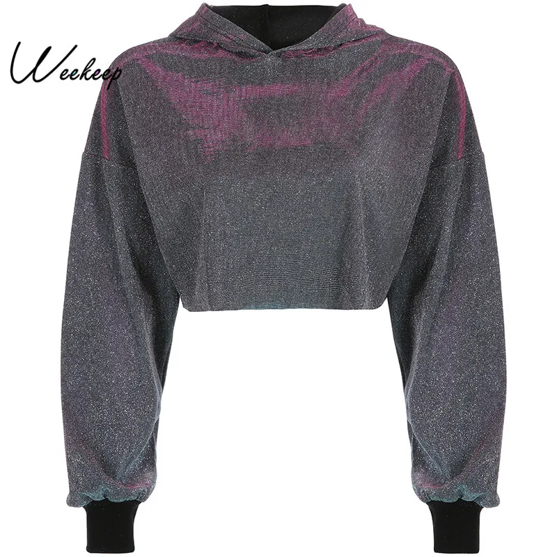 

Weekeep Hooded Shinny Cropped Hoodies Women Loose Long Sleeve Streetwear Sweatshirt 2019 Fashion Pullover Hoodie Crop Top