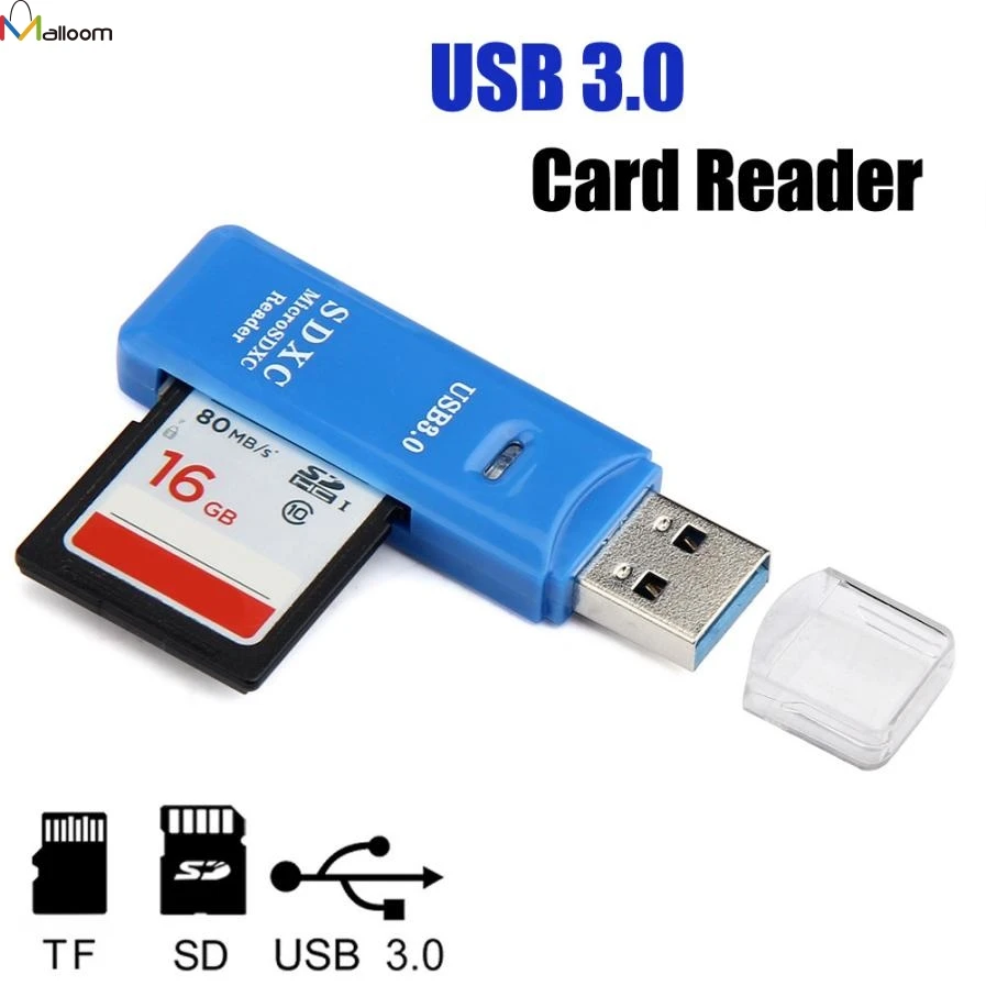 

Malloom 5Gbps Super Speed Mini USB 3.0 Micro Mini Cheap Dual Card Reader Adapter Wholesale USB3.0 Mini Card Reader Blue