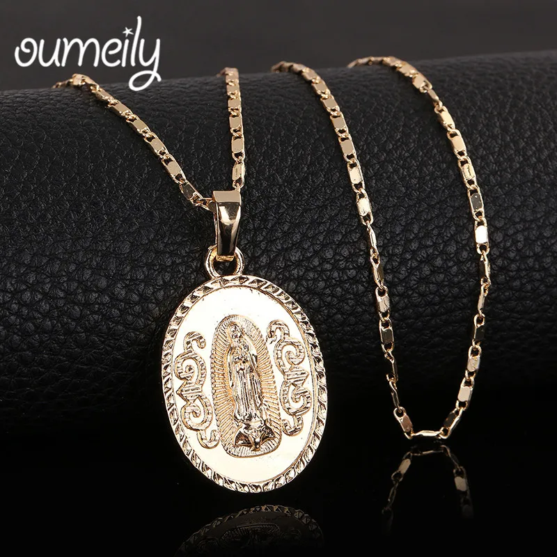 OUMEILY Oval Angle Virgin Mary Maria Statement Necklace Catholic Religious Jewelry Gold Color ...