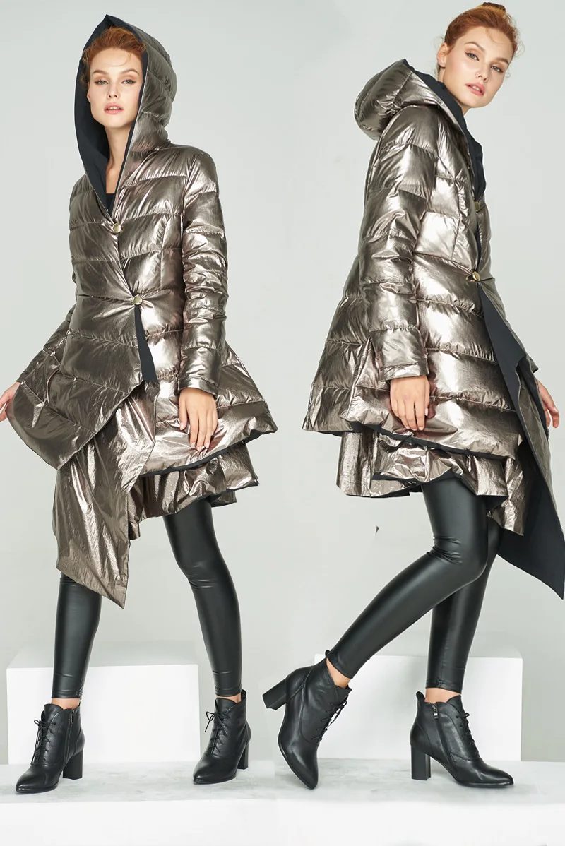 Асимметричная Двусторонняя одежда, теплые пуховики, куртки, женский 90% натуральный утиный пуховик, имитация двух частей, Серебряное пуховое пальто, wq2470