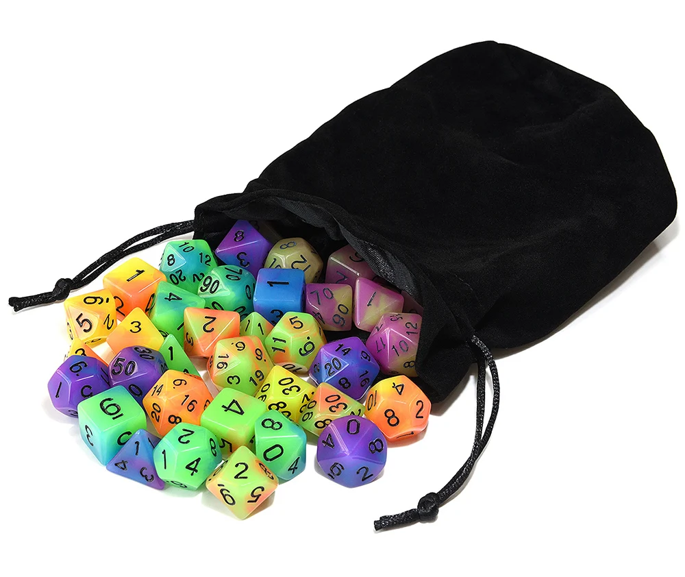 5 комплектов, двухцветные Светящиеся Кости с большим черным мешочком для подземелий и драконов, RPG, MTG, обучающие игры по математике