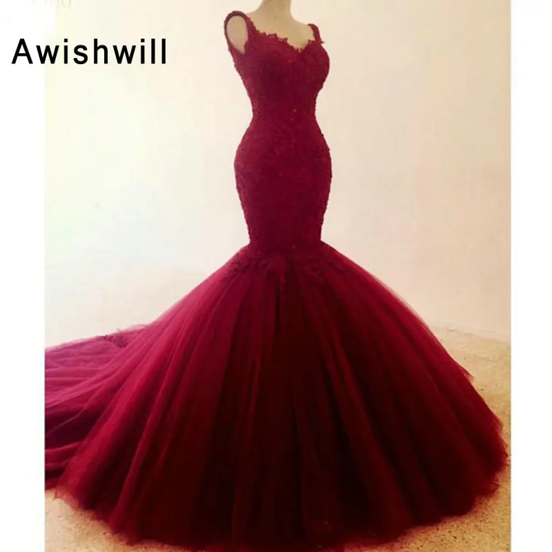

2019 New Arrival Tulle Mermaid Formal Long Evening Dress Backless Burgundy Prom Dresses Women Special Occasion Evening Gowns