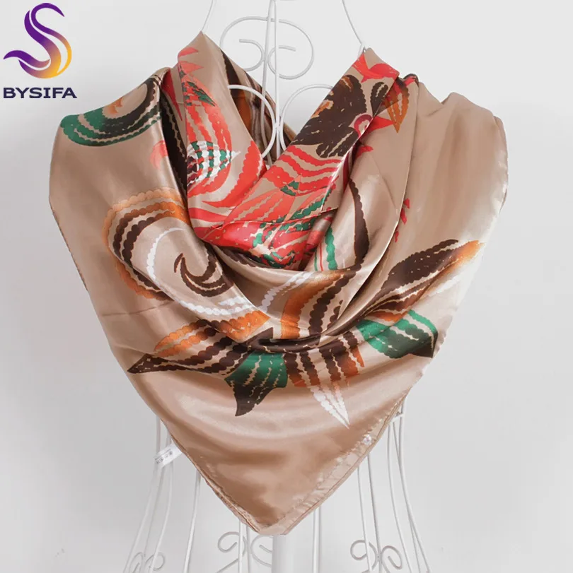 [BYISFA] женский шелковый шарф Обертывания Европейский стиль дизайн атласный большой квадратный шарф с принтом бренд женский синий шелковый шарф 90*90 см - Цвет: nobel khaki