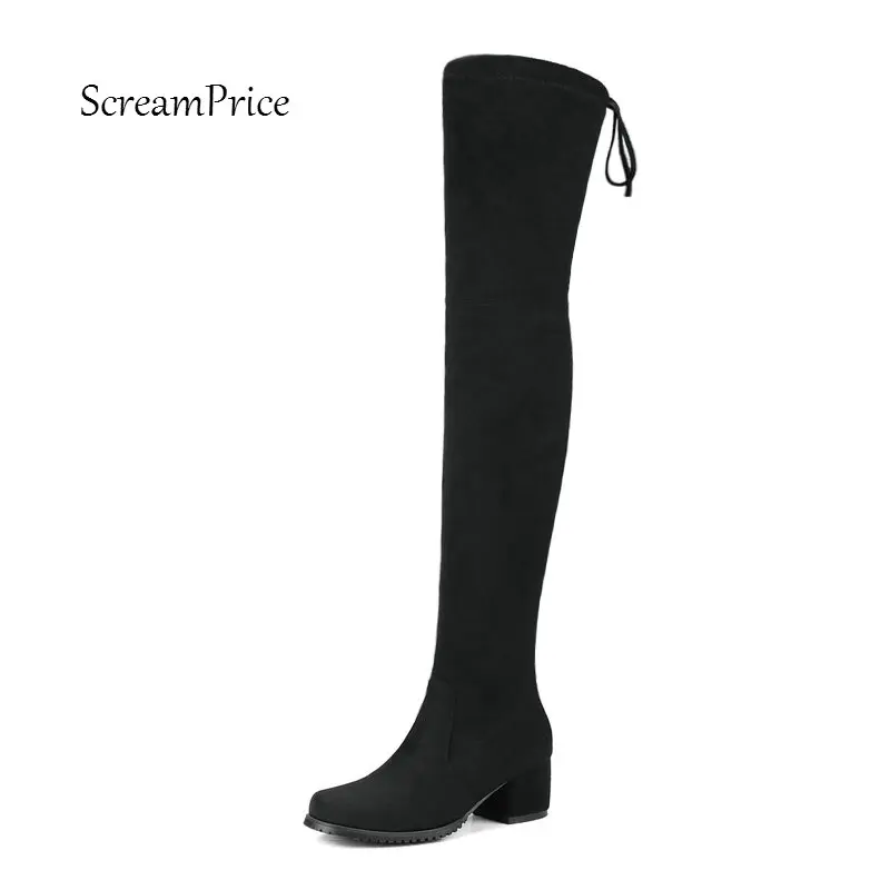 En Ligne Bout carré Chaussures Femme En Daim Cuisse Bottes Hautes pour Femmes Mi Talon Confortable Bonnet Extensible Sur les Bottes Au Genou noir Gris