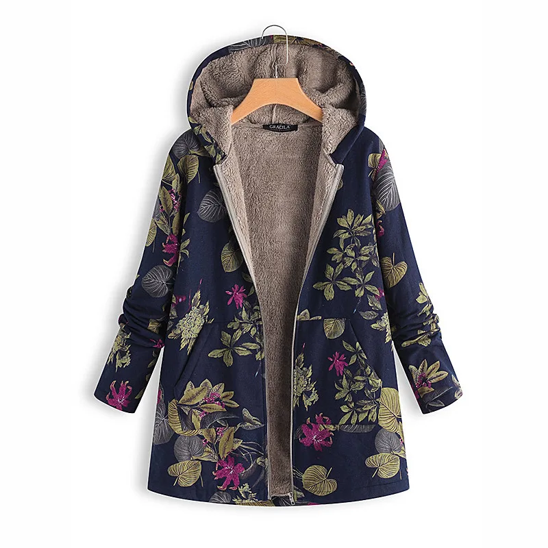 

S-5XL Retro Floral Winter Women Jacket Fashion Fleece Hooded Women Jacket Coat Vintage Autumn Plus Size Female Coat Outwear 4xl