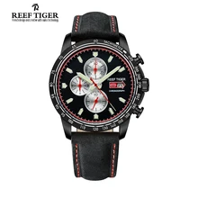 Reef tigre / RT reloj del deporte para hombre reloj cronógrafo de cuarzo con piel de becerro italiano y Super luminoso negro PVD RGA3029