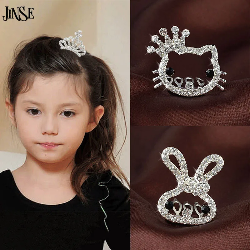

JINSE Children Girl Boutique Butterfly Rabbit Bear Cat Kitty Lovely Crown Pattern Rhinestone Hair Comb Jewelry 3pcs/lot HBS013