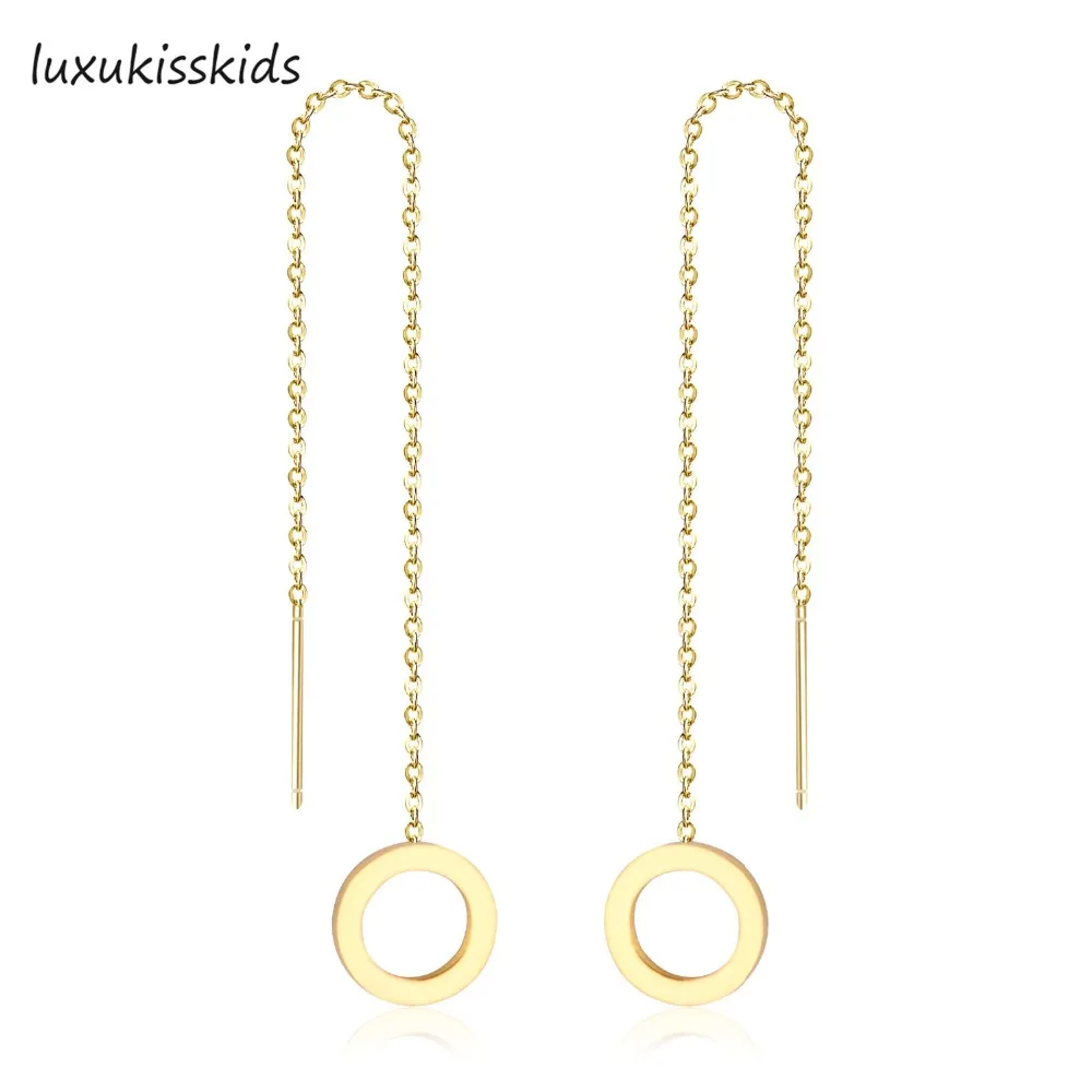 

LUXUKISSKIDS New Gold/Silver Color Stainless Steel Chain Ear Line Long Earrings Fashion Round Dangle Earrings For Women Jewelry