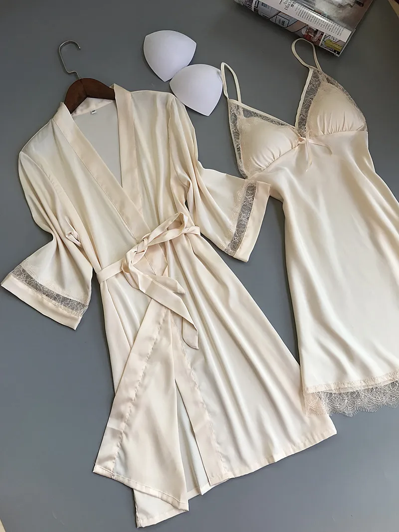 Queenral 2PCS Women Gown Sets Silk Satin Robe Nightgown Set Sleepwear Home Suit Night Sleep Plus Size M-XL Intimate Lingerie 15