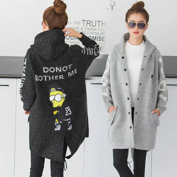 

Thick Knitted Long Women Sweaters and Cardigan Single Breasted Female Coat Hooded Knitwear Jackets