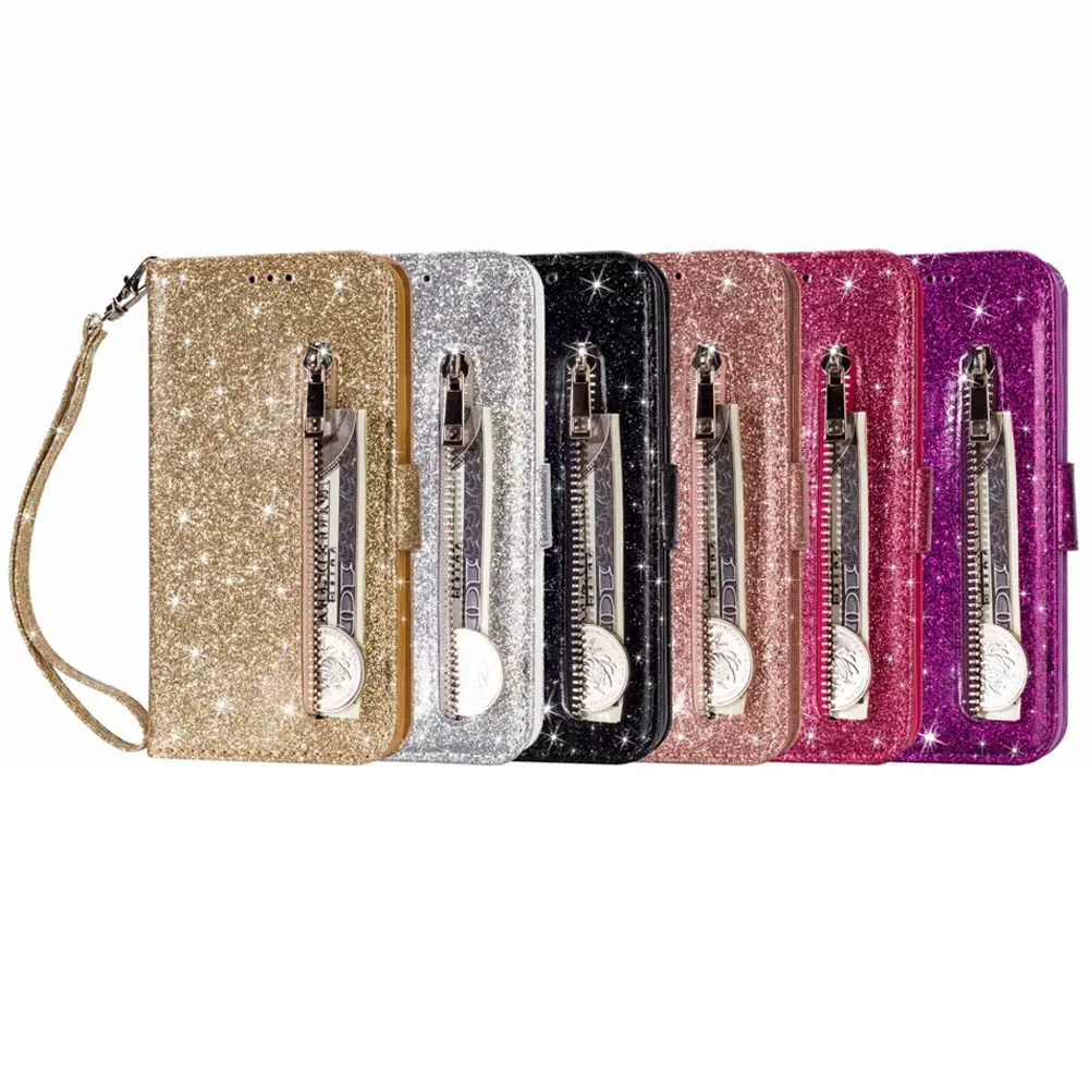 for iPhone 7 8 X XS Glitter Luxury Zipper Flip Case for