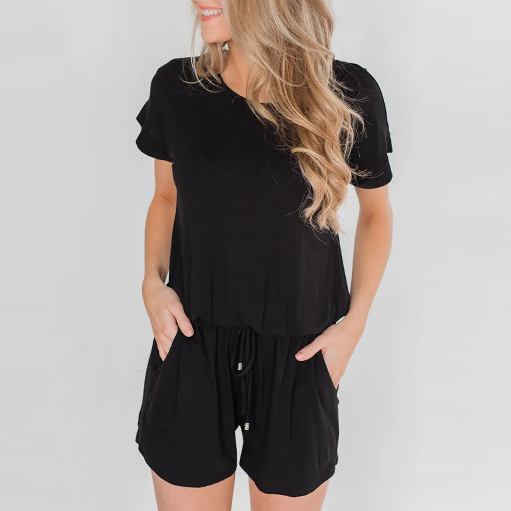 Для женщин летние шорты рукавом Повседневное Playsuit Soilid Цвет О Шея Свободные Ladeis джинсовый комбинезон Бандаж с высокой талией Femme комбинезон