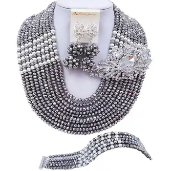 

ACZUV Silver Nigerian Necklace African Wedding Beads Bridal Party Jewelry Sets 10C-2-2P-007
