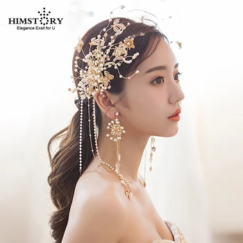 

HIMSTORY Fashion Handmade Wedding Hair Accessories Gold Leaves Brides Hairwear Crystal Bridal Hairbands Evening Hair Accessories