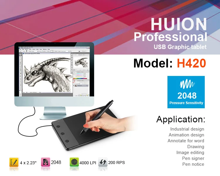 Графический планшет HUION H420, 4x2,23 дюйма, цифровая ручка, USB, художественная доска для рисования+ противообрастающая перчатка в подарок