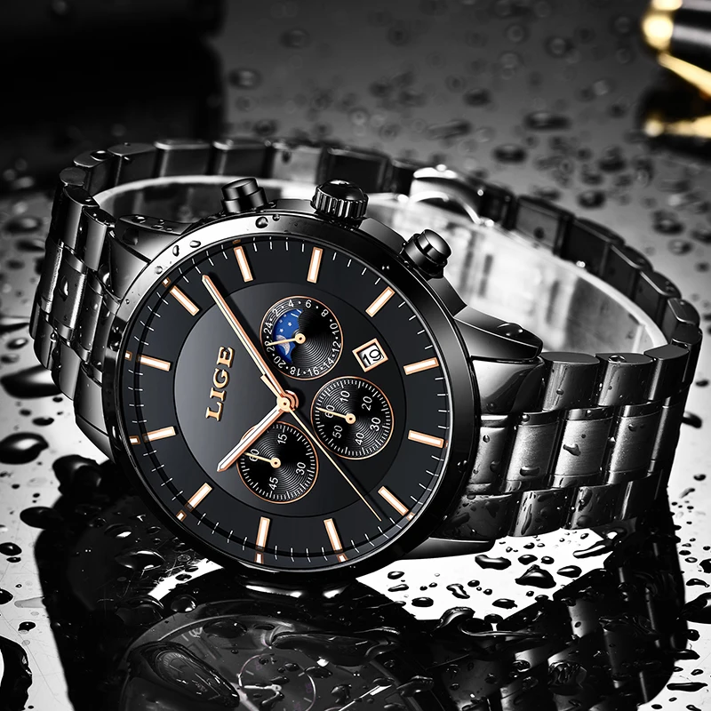 2019 LIGE Mens Watches Top Brand Luxury Male Fashion Sports Watch Men Black All Steel Waterproof Quartz Clock 24Hour Moon Phase
