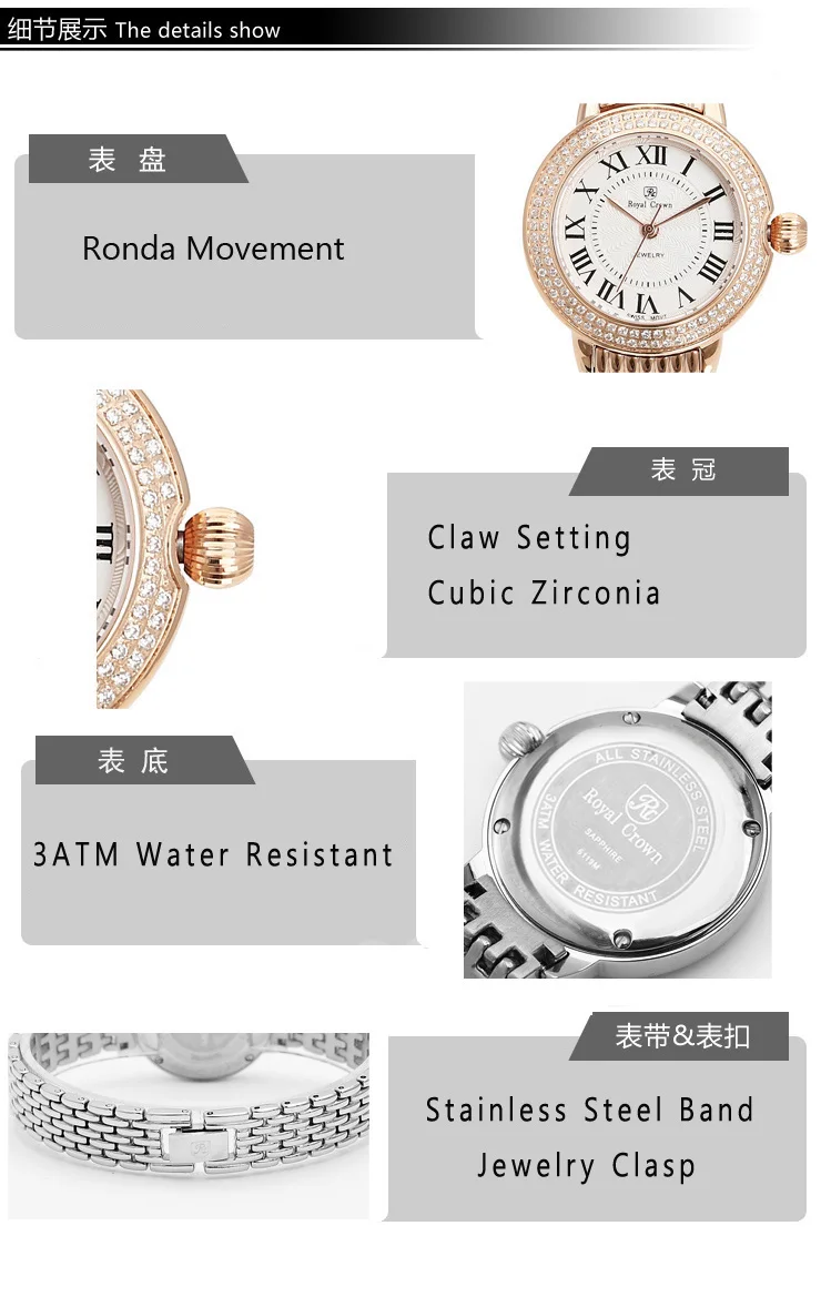 Роскошные женские часы Ronda Mov't сапфировое стекло изысканные модные часы браслет из нержавеющей стали подарок для девочек Королевская корона коробка