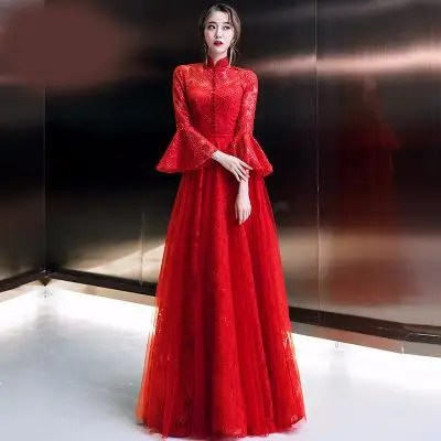 Весеннее вечернее платье с воротником "Мандарин", элегантное женское длинное платье, Qipao, сексуальное платье с расклешенными рукавами, Cheongsam, большой размер XXXL - Цвет: Красный