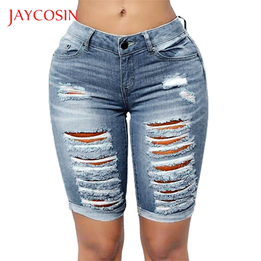 

JAYCOSIN Mid Waist Hole Jeans Women Ladies Skinny Bandage Hot Pants Shorts Denim Pencil Pants Item Summer Season Standard
