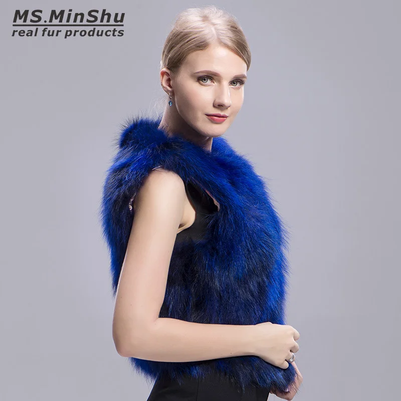 Женский короткий жилет Ms.MinShu из натурального меха зимнее пальто синего цвета