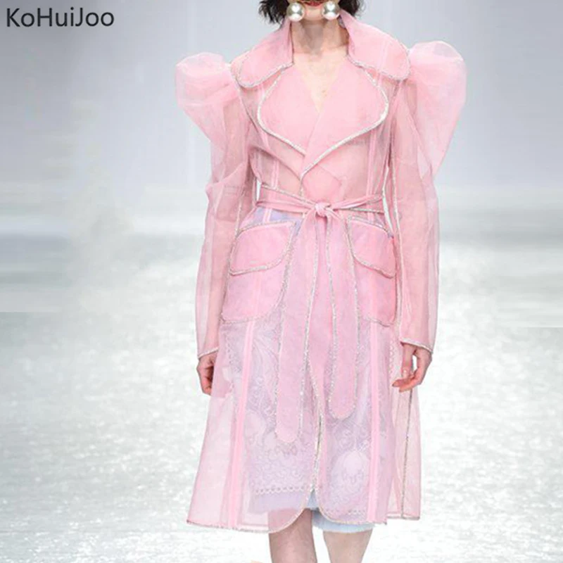 

KoHuiJoo Women Extra Long Trench Coat Women Pink Pockets Slim Long Sleeve Thin Sunscree Organza Windbreaker Puff Sleeve Coats