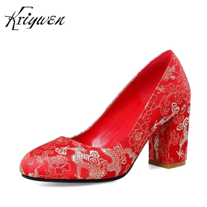 

Kriywen Women Chinese Ethnic Embroider Red Shoes Ladies Wedding Pumps Bridal Elegant Thick High Heels Brand Female Zapatos Mujer