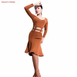 Латинское танцевальное платье Мода v-образный вырез с длинным рукавом оборки юбка Леди Чача Сальса платье для женщин латинские танцы