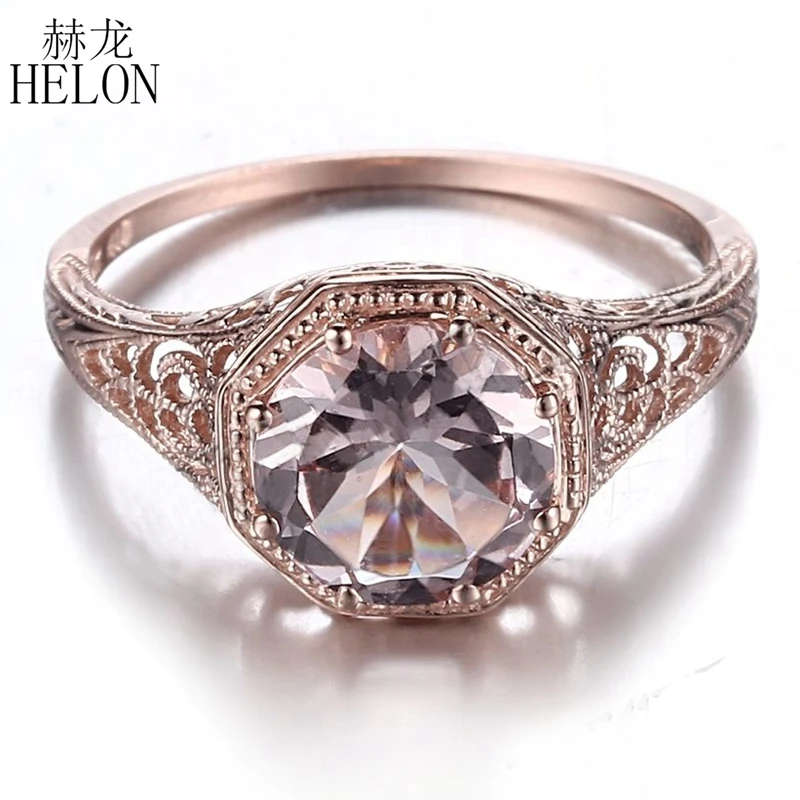 

HELON Vintage Style Solid 14K Rose Gold 8mm Round Morganite Gem Ring Art Nouveau Engagement Wedding Ring Filigree Cocktail Ring