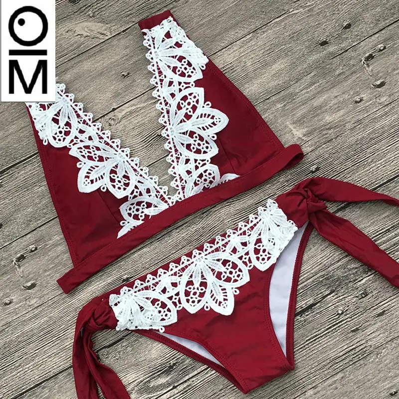 

OM Bikini Set Women Push Up Sexy Lace Hollow Out Biquini Brasileiro Bandage Swimsuits Female Flounced Swimwear for Women