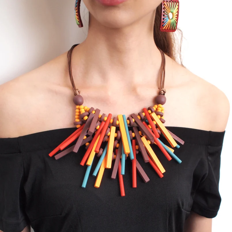 MANILAI 2018 New Design Bohemian Handmade Wood Statement Necklace For Women Fashion Jewelry Collar Choker Necklace Big Wooden