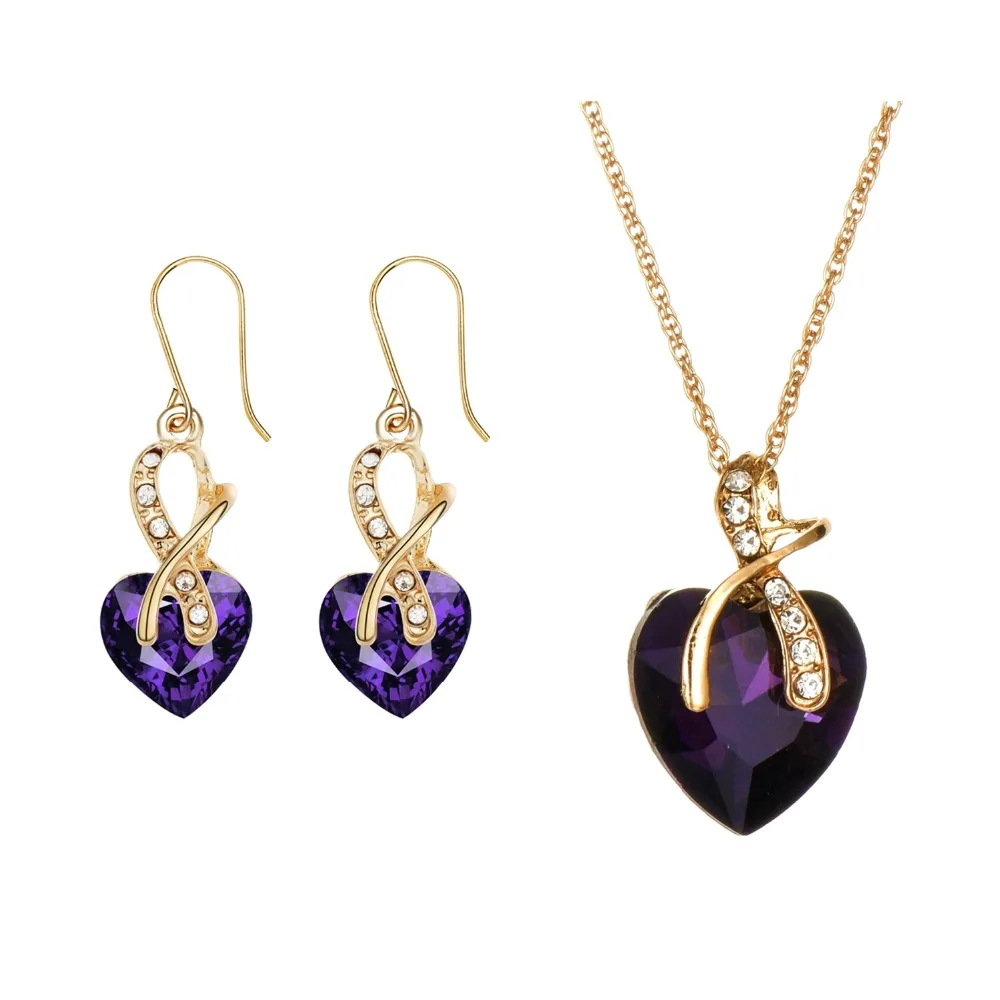 white green blue purple Austrian Crystal Necklace Earrings Sets Engagement Gold Color Heart Crystal Jewelry Set For Women S020