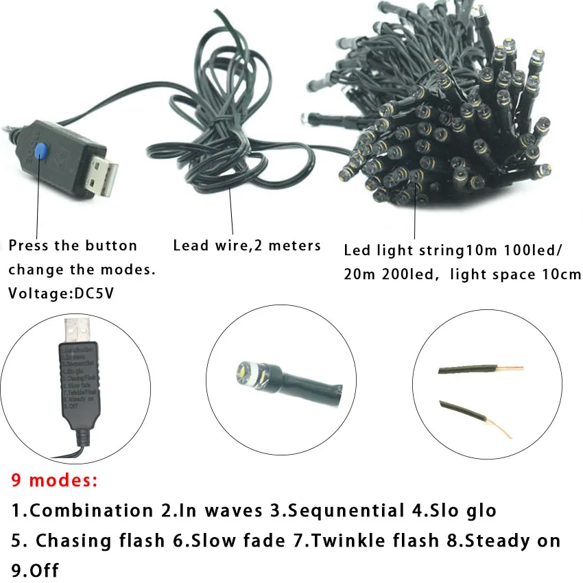 DC5V СВЕТОДИОДНЫЕ гирлянды 12 м 100led 22 200 светодиодная гирлянда с питанием от usb