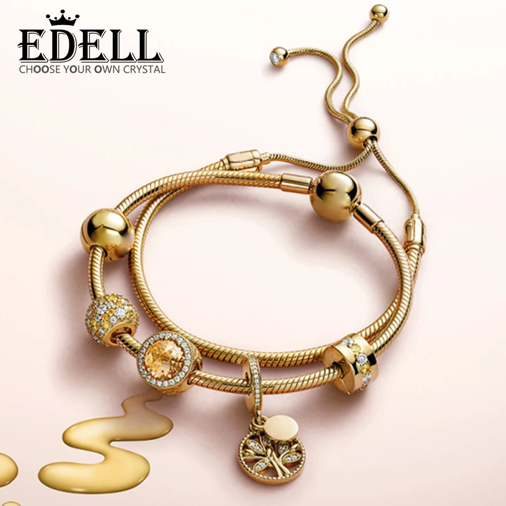 

EDELL 100% 925 Sterling Silver SHINE Logo CLIP RADIANT HEARTS CHARM PAVE BALL CHARM FAMILY Pendant MOMENTS Sliding Bracelet Set