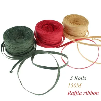 

3 Rolls 150M Raffia Paper Ribbon gifts packing Twine for Festival Party wedding decoration gift wrapping paper gifts decoration
