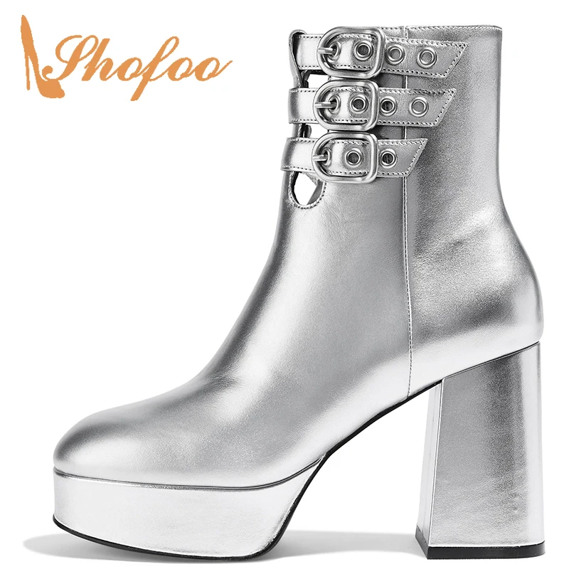 

Silver Platform Ankle Boots Vegan Patent Woman High Chunky Heel Buckle Strappy Winter Shoes Round Toe Large Size 14 15 16 Shofoo