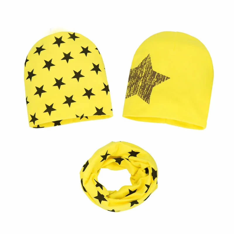 Лидер продаж, Детский комплект с шапками, зимний шарф для девочек, модная шапка для мальчиков, Детские хлопковые шапочки, шарф с кольцом, шарф для мальчиков и девочек - Цвет: yellow star 3pcs