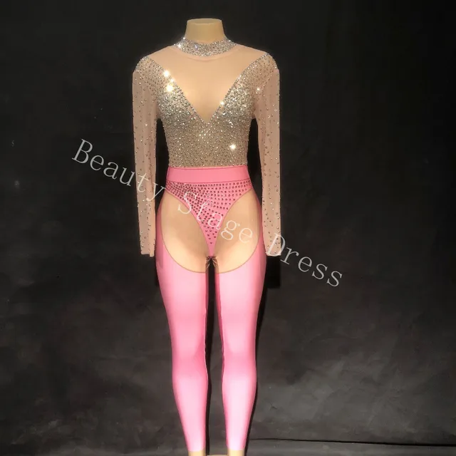 $US $89.00 Pink Shining Rhinestones Mesh See Through Jumpsuit Fashion Singer Dance Wear Birthday Celebrate Sexy Perspective Prom Jumpsuit