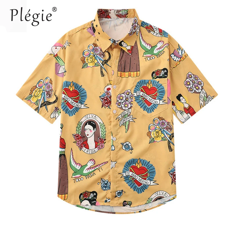 

Plegie Creative Graffiti Print Hawaii Beach Shirts 2019 Summer Casual Short Sleeve Shirt Streetwear Male Tops tee