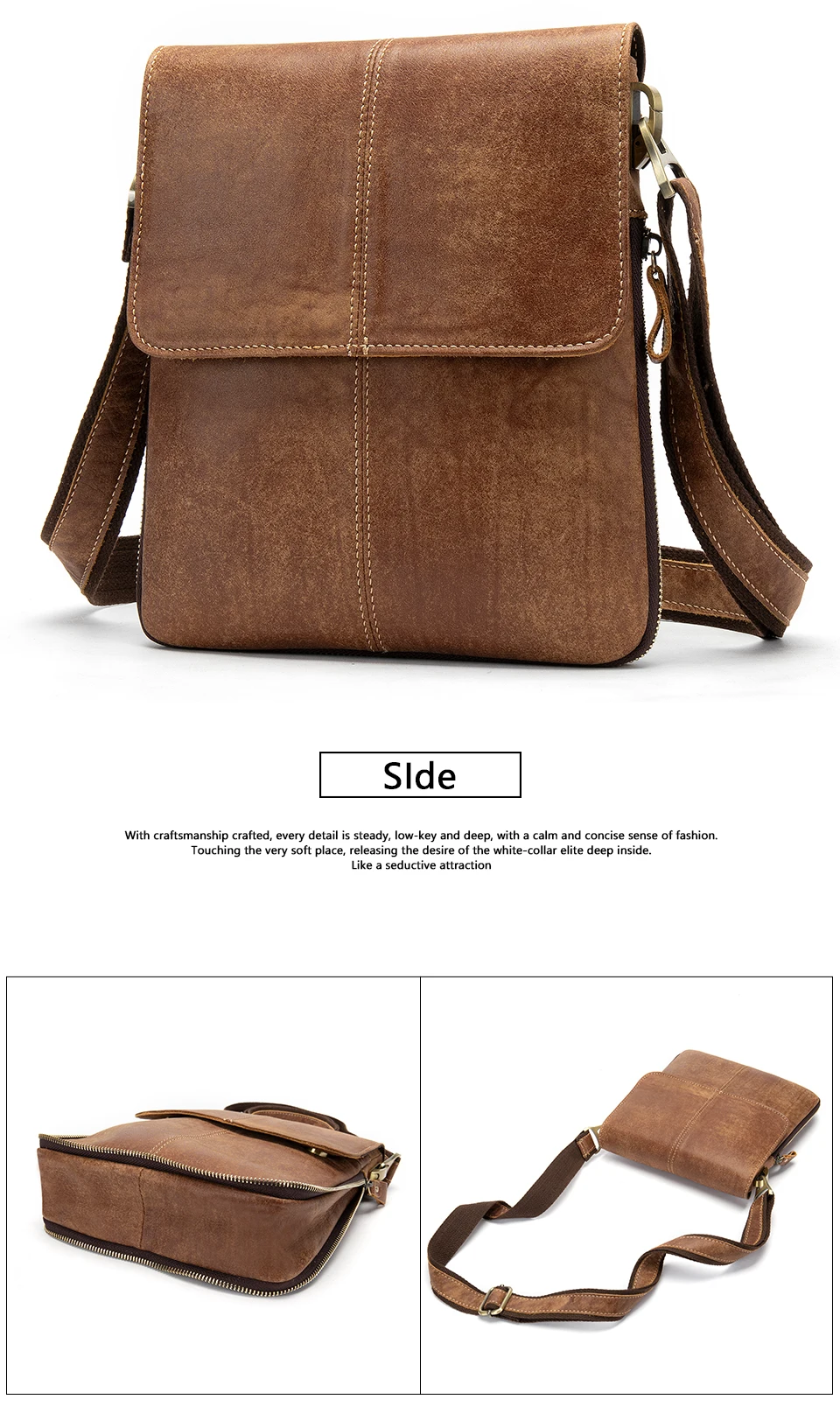 20 Men's Genuine Leather Shoulder Bag Cover & Zipper Leather Crossbody Bags for Men Messenger Bag Men Shoulder Bags Male Flap