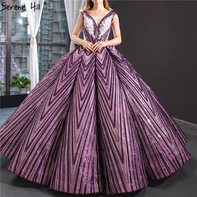 

Purple V-Neck Luxury Sexy Wedding Dresses 2019 Sleeveless Sequined Handmade Flowers Bridal Gowns Real Photo HM66889 Custom Made