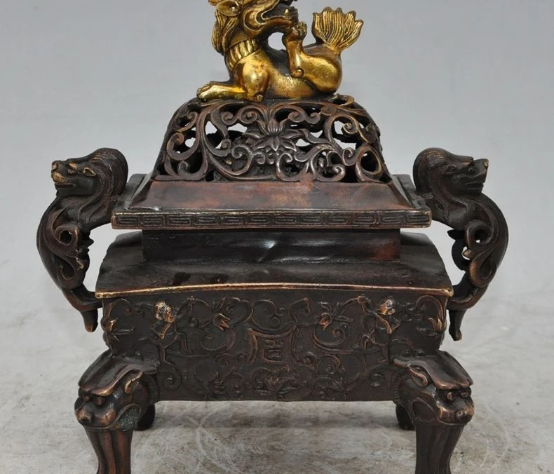 

8"mark chinese bronze gilt foo dog lion pixiu dragon beast incense burner Censer