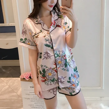 

2019 Summer Printing Short Sleeve Stain Silk Pajamas Set Causal Shirt and Shorts Two Pieces Set Suits Women Sleepwear Nightwear