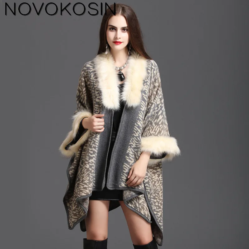 

SC129 2018 Winter Warm Plus Size Knitted Long Sleeves Leopard Poncho Print Shawl Women Faux Fox Fur Loose Cardigan Coat